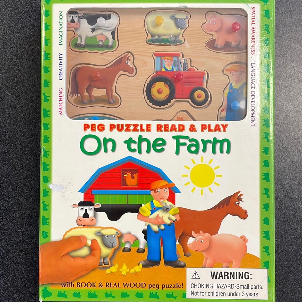 ON THE FARM Peg Puzzle Read & Play Book and Real Wood Peg Puzzle